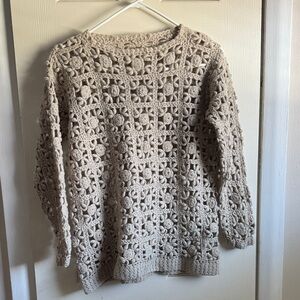 Source Unknown Cream Crochet Openwork Crewneck Sweater